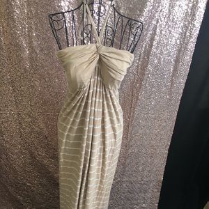 Tan and white striped maxi halter top dress